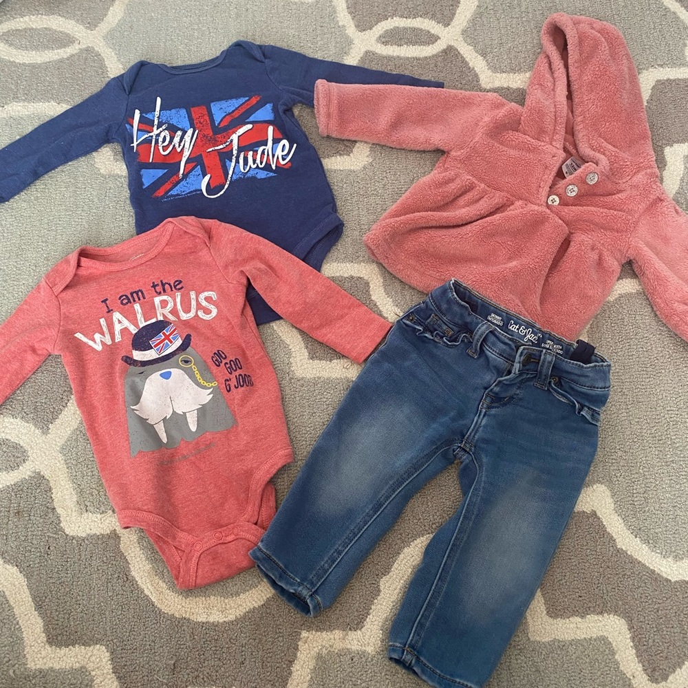 BEATLES 12 Month Bodysuits, Carters Sweatshirt and Cat Jack Jeans